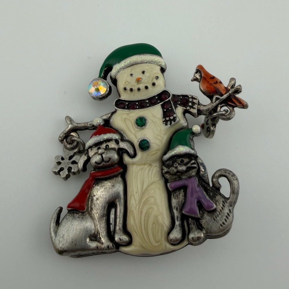 KC Silver Multicolor Christmas Snowman Dog Cat Cardinal Brooch Pin